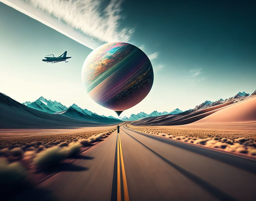 Surreal landscape with giant planet, desert road, mountains, and airplane