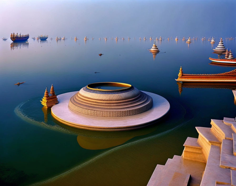 Circular modern building on serene lake with Asian structures and boats.