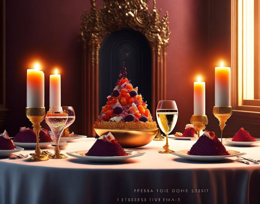 Luxurious Dining Setting with Lit Candles, Golden Goblets, Wine, and Berry Garnished