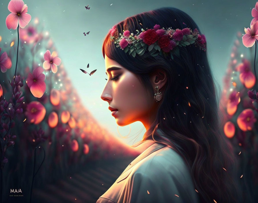 Woman's profile portrait with floral crown in blossoming field and butterflies