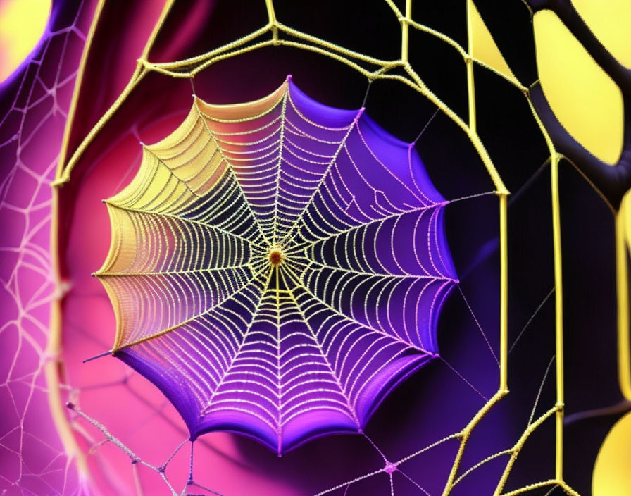 Vibrant multicolored spider web with dewdrops on intricate silk patterns