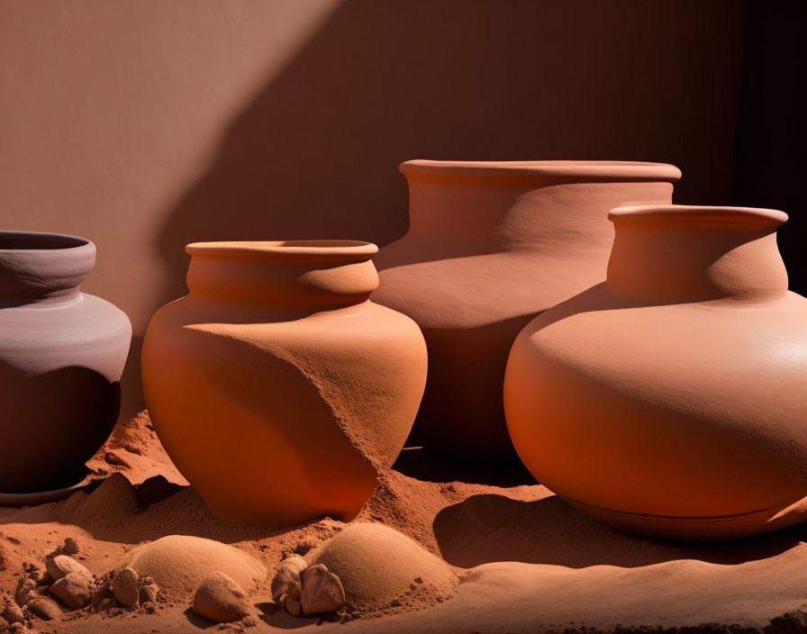 Various shapes and sizes of clay pots in sand with shadows and warm lighting