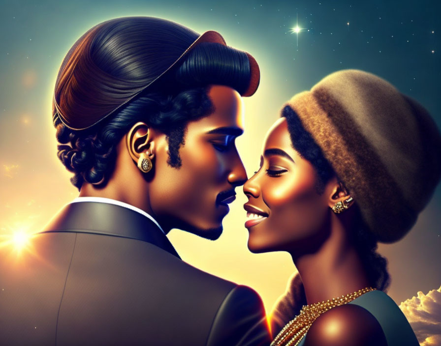 Digital illustration: Man and woman in profile, noses close, against starry backdrop