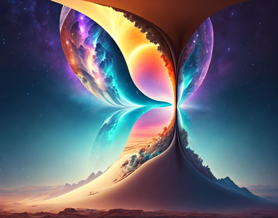 Colorful Cosmic Landscape with Hourglass Portals and Starry Skies