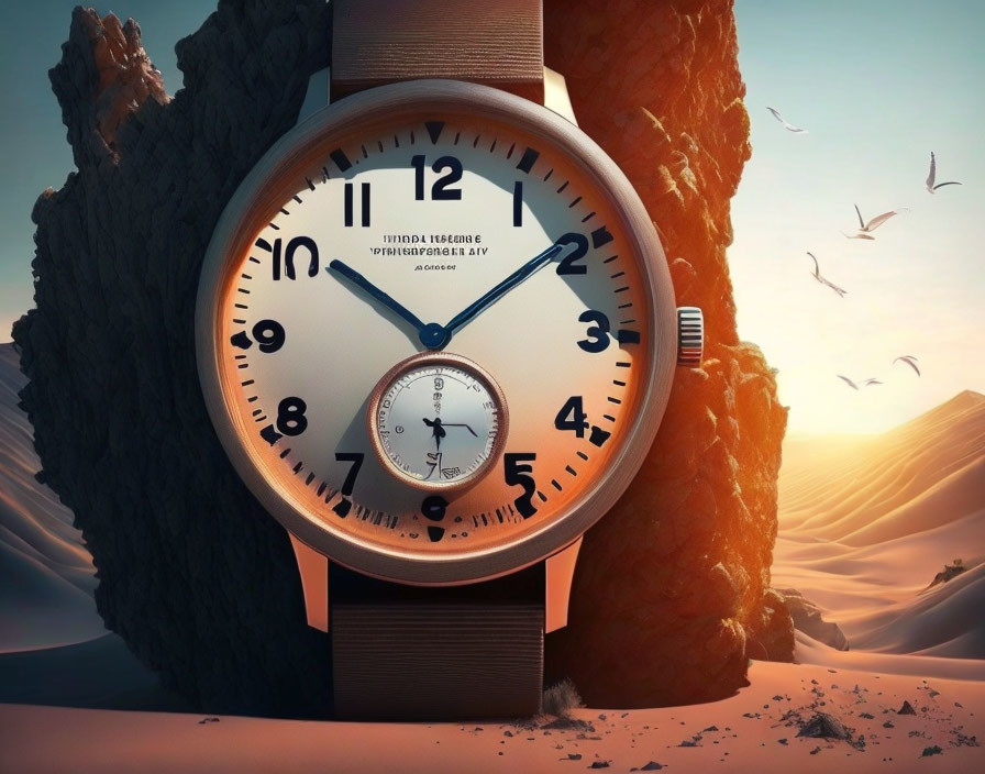 Orange Dial Wristwatch in Desert Landscape with Sand Dunes and Birds