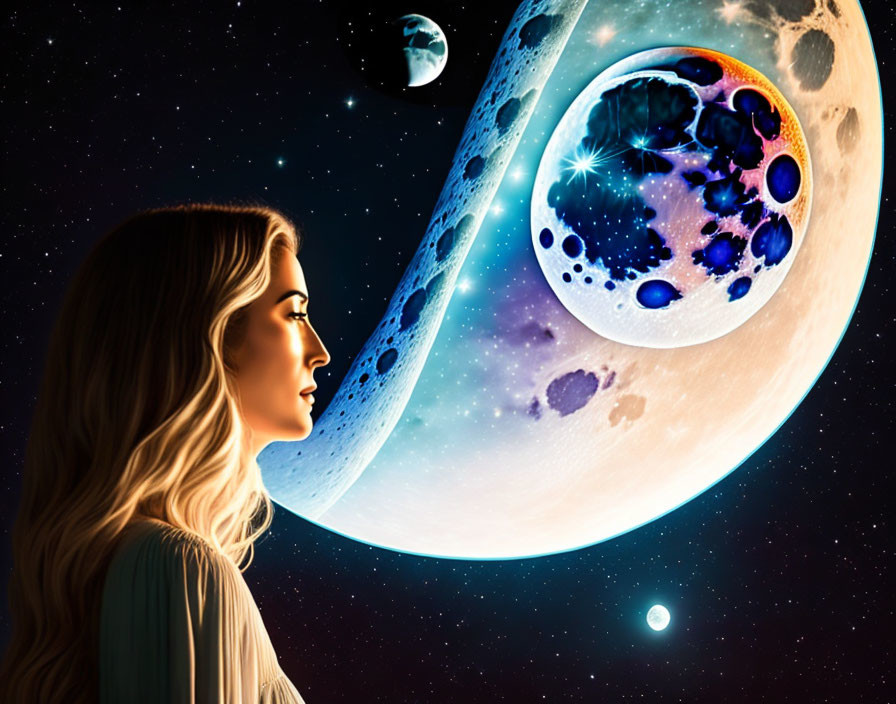 Profile of woman gazing at surreal cosmic scene with detailed moon and celestial bodies.