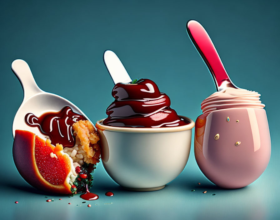 Colorful ice cream bowls with various toppings and spoons on teal background