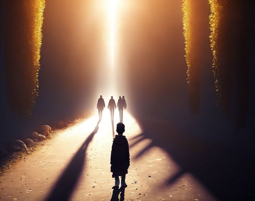 Child Observing Three Silhouetted Figures on Sunlit Path