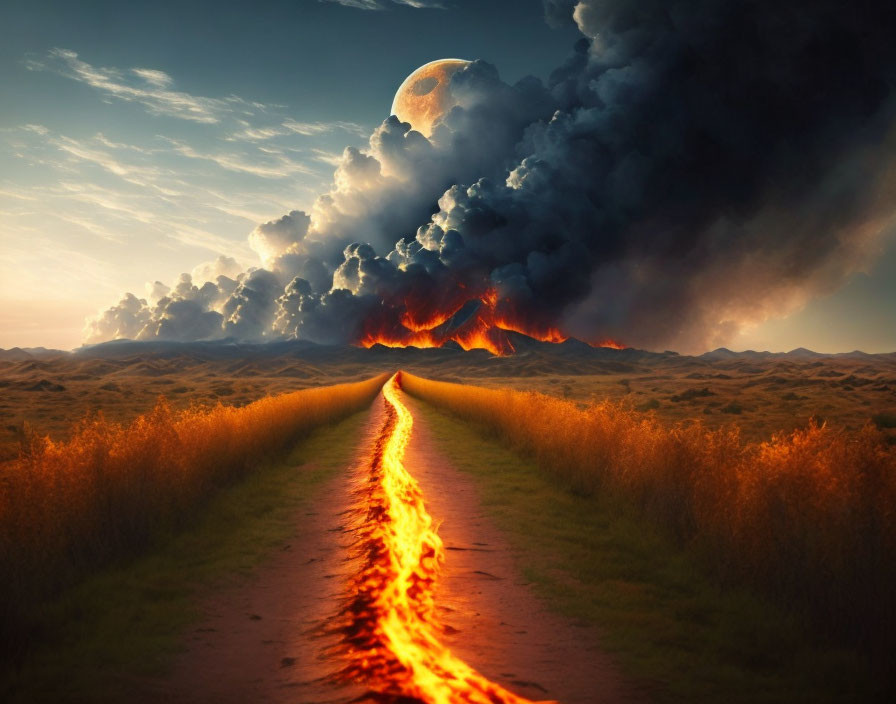 Barren landscape with fiery path under dramatic sky.