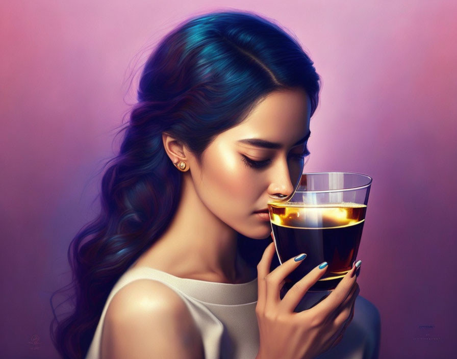 Blue-Streaked Hair Woman Contemplating Amber Drink on Purple Background