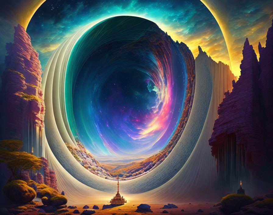 Surreal landscape with swirling vortex above serene valley