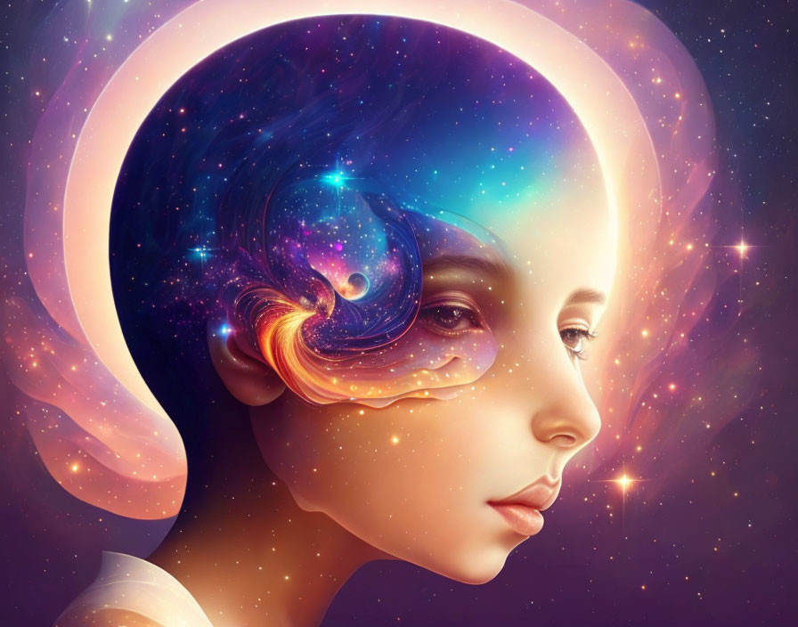 Woman's Profile Blended with Cosmic Scene: Vibrant Galaxy Hair and Mind