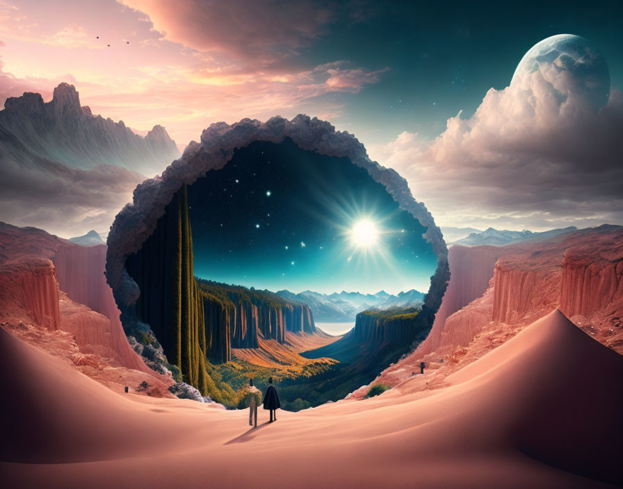 Surreal landscape with starry sky, circular portal, red cliffs, sand dunes, and