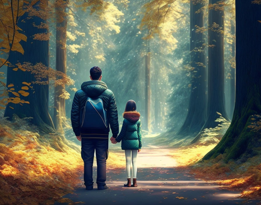 Man and girl walking in autumn forest with glowing light