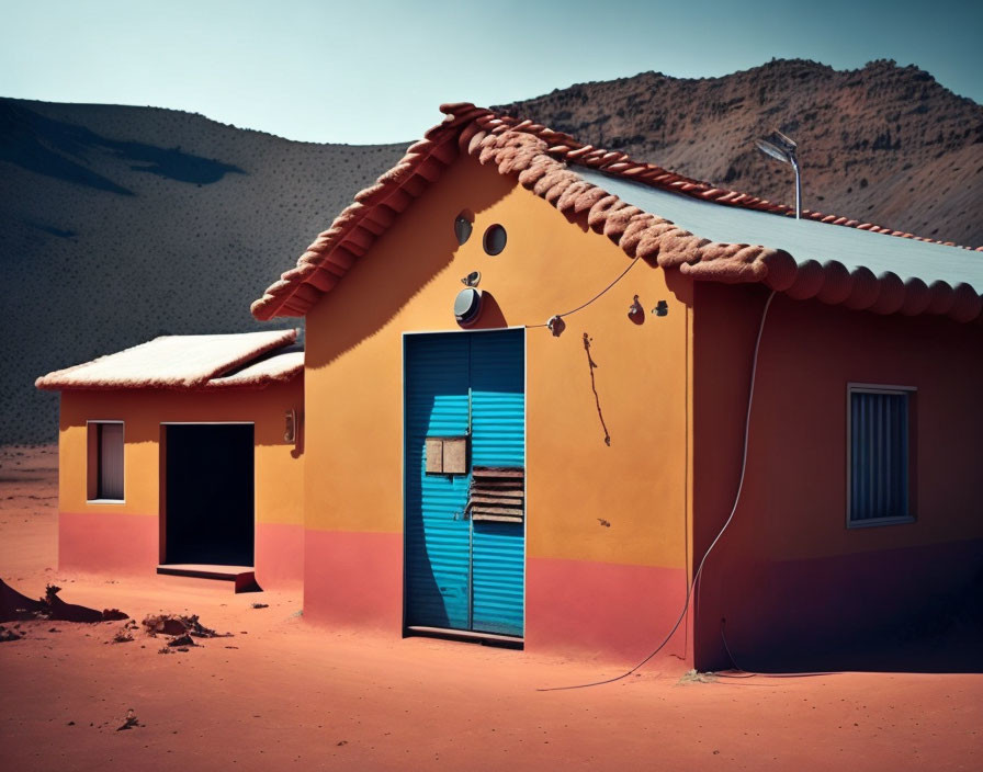 Vibrant orange house with blue door in desert landscape