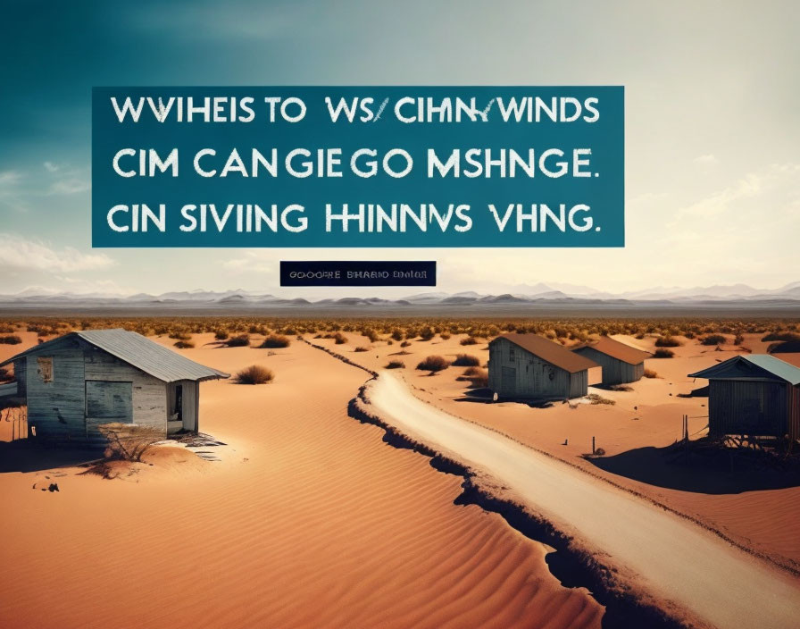 Sand dunes and abandoned buildings in desert landscape with blue sky and unreadable text.