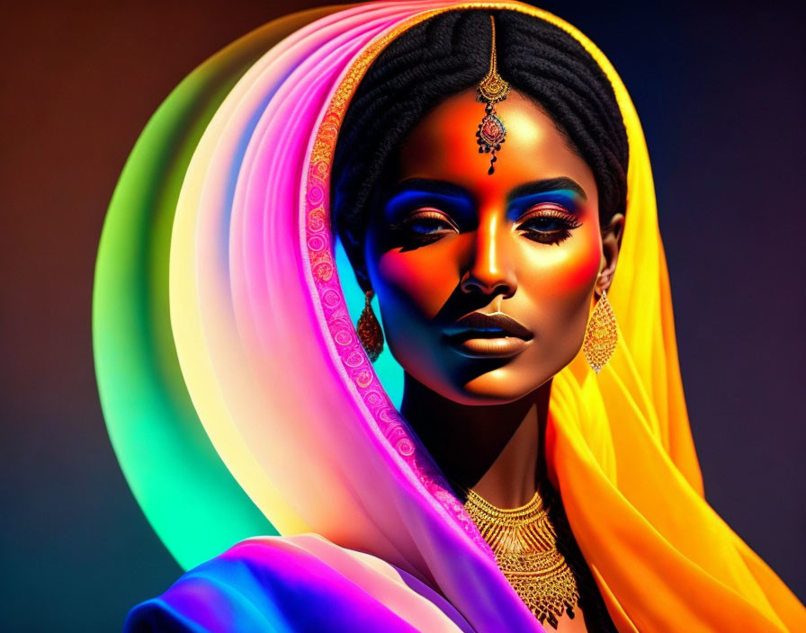 Colorful halo effect portrait of a woman in traditional jewelry
