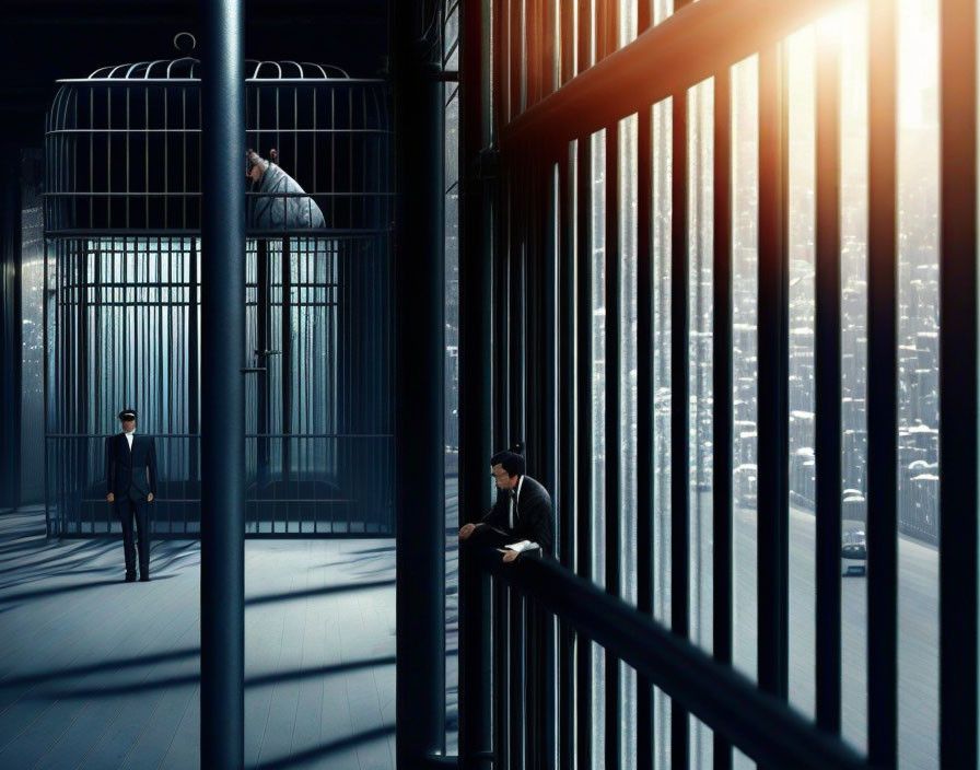 Men in suits in dimly lit room with windows and birdcages