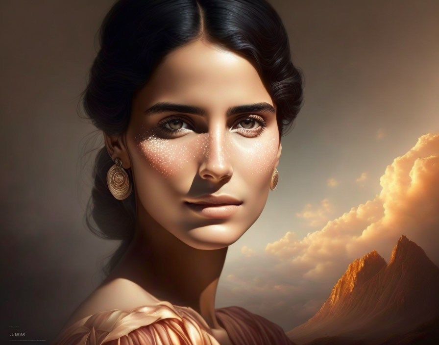 Digital Artwork: Woman with Striking Eyes and Freckles in Mountain Landscape