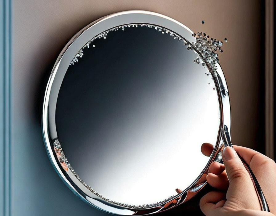 Circular Mirror with Shattered Upper Edge Reflecting Blurred Background