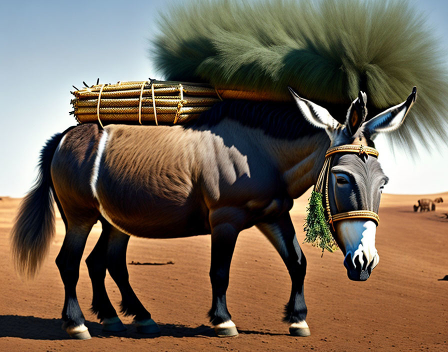 Donkey carrying green brush-like load on sandy terrain