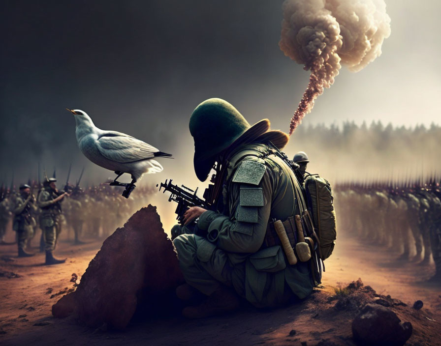 Soldier with white dove in smoky battlefield scene.