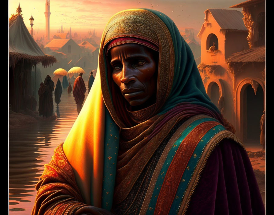 Colorful headscarf person gazes at sunset-lit market scene