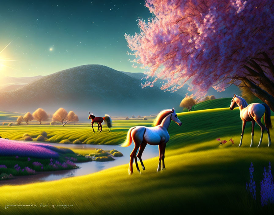 Vibrant surreal landscape: unicorns, cherry blossoms, starry sky.