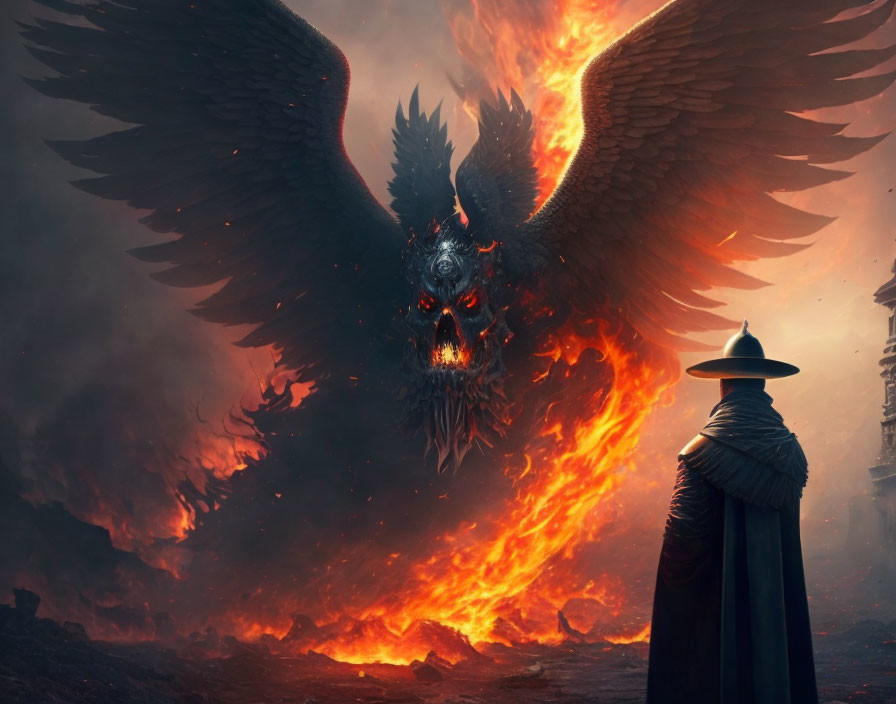 Cloaked figure gazes at fiery bird in apocalyptic landscape