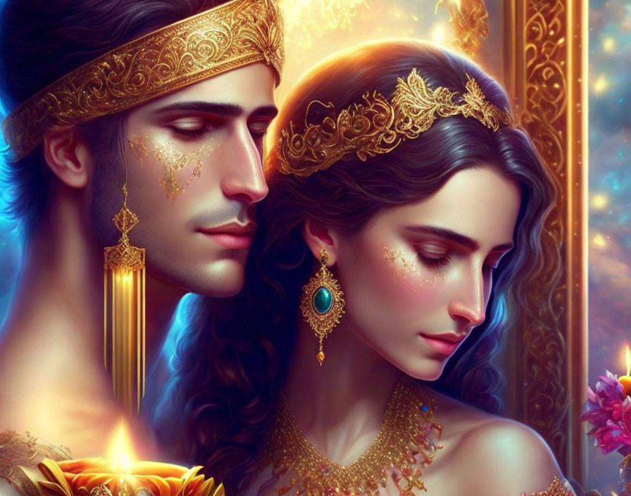 Regal couple portrait with ornate golden jewelry in warm hues