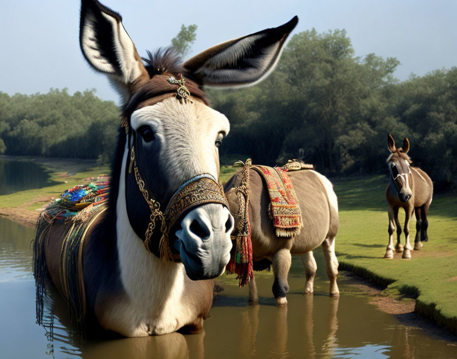 Adorned donkeys near water in serene natural setting