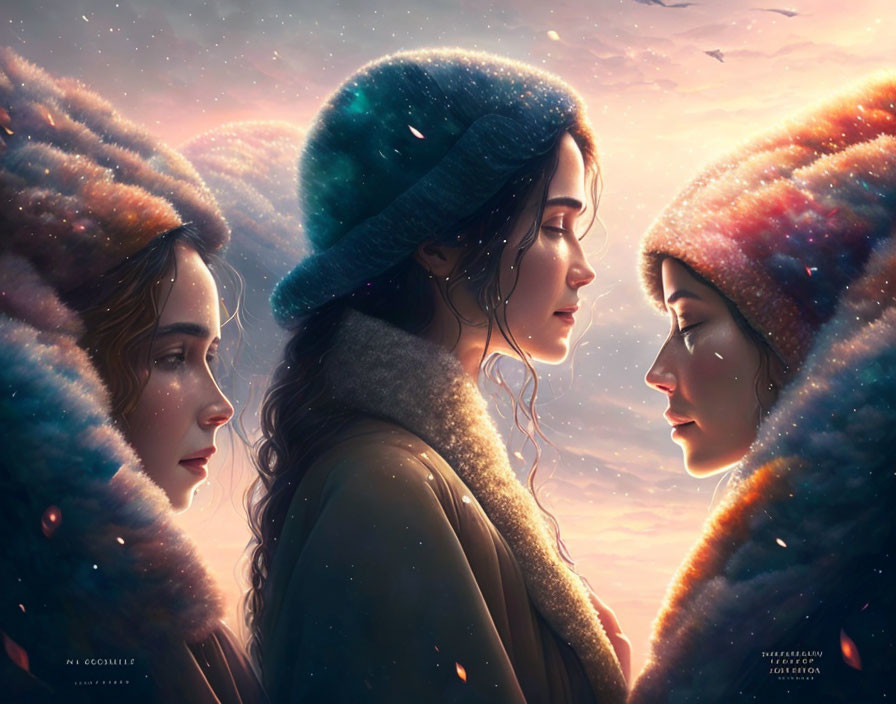 Four women in colorful fur coats under starry sky with contemplative expressions