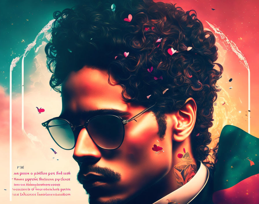 Colorful portrait of man with curly hair and sunglasses in vibrant setting