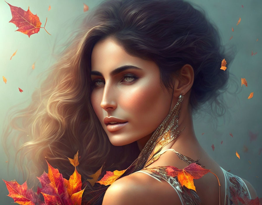 Detailed Digital Portrait of Woman with Flowing Hair and Autumn Leaves