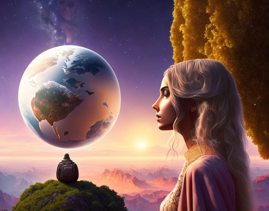 Woman admires floating earth-like planet over surreal sunset landscape