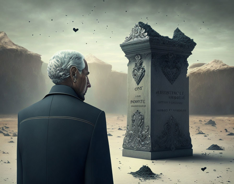 Elderly man in suit at ornate gravestone in desert landscape with birds.