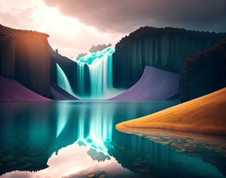 Vibrant waterfall reflected in tranquil lake with verdant cliffs