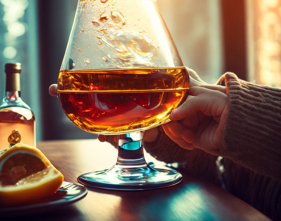 Hand holding snifter glass with cognac, bottle, and lemon slice in warm light