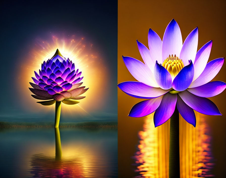 Glowing purple lotus flower next to realistic lotus in serene water setting