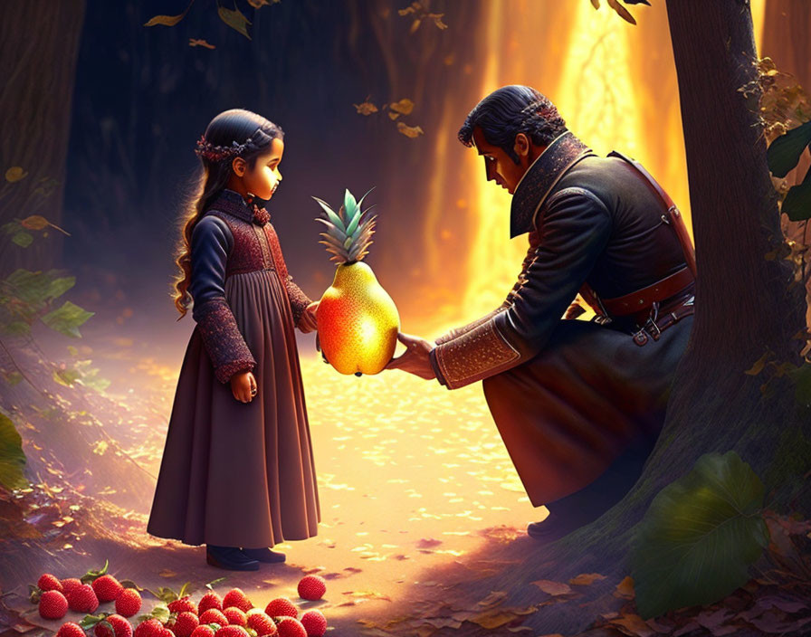 Man offering glowing pear to girl in mystical forest with scattered strawberries and golden light