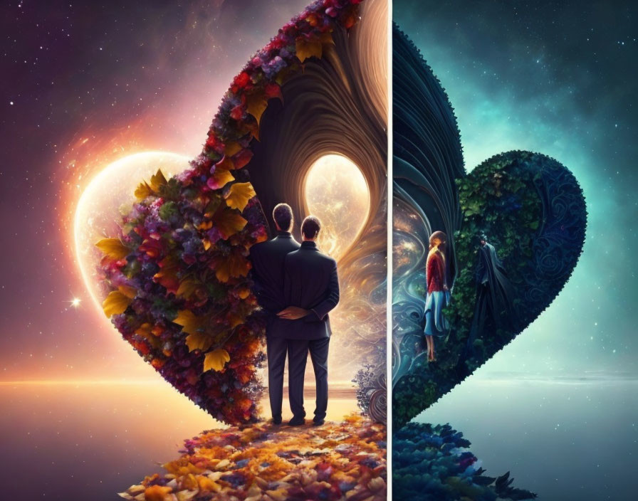 Contrasting heart-shaped portal scenes: lush floral sunset vs. serene green starry sky