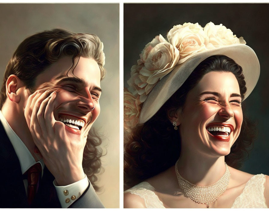 Man in suit and woman in floral hat laughing joyfully and elegantly.