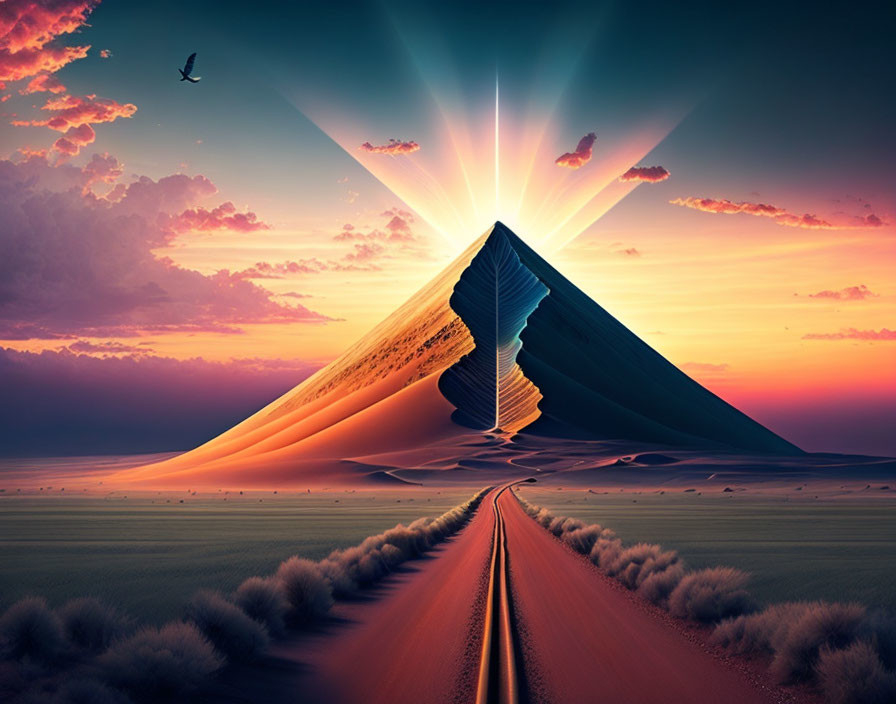 Surreal split pyramid landscape under vibrant sunset sky