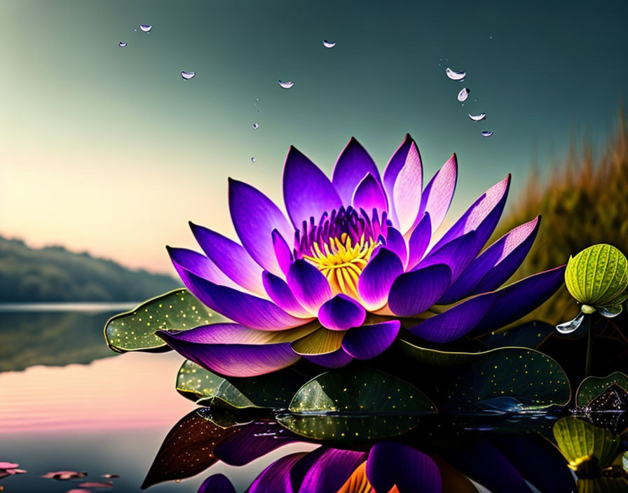 Vibrant Purple Lotus Flower on Tranquil Water Surface