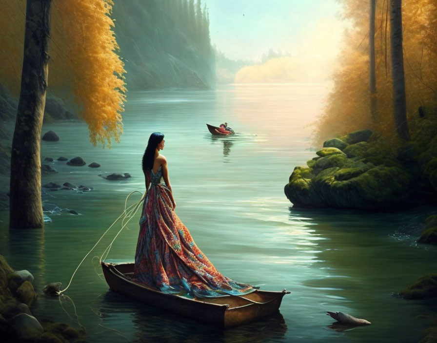 Tranquil river landscape with woman on boat and autumn trees