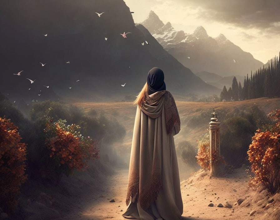 Figure in Cloak and Veil on Path with Mountains and Birds