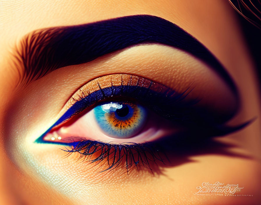 Intensely made-up eye with gold eyeshadow and thick eyeliner