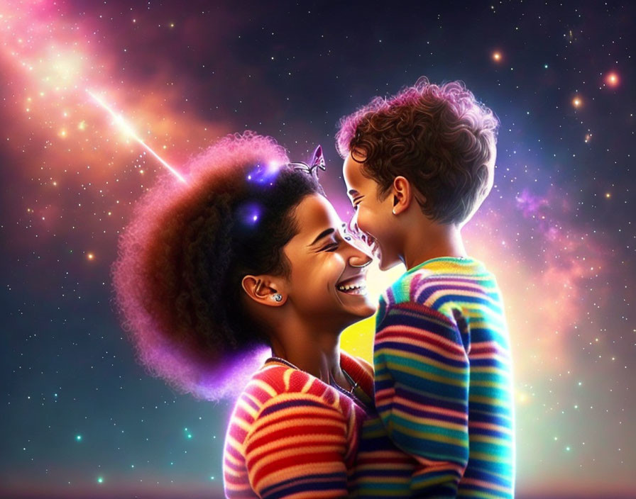 Mother and child smiling together against cosmic backdrop