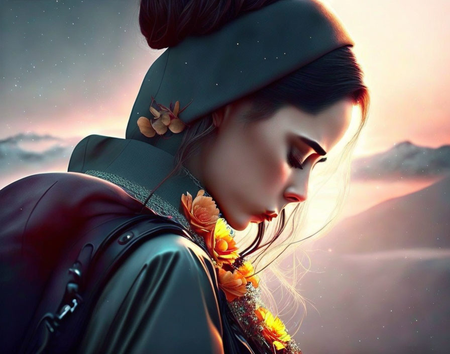 Woman with flowers in hair against twilight sky and mountains