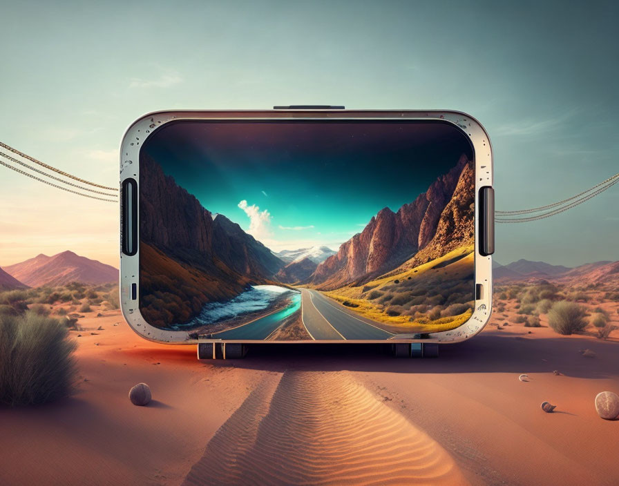 Suitcase with surreal landscape scene: road through mountains, twilight sky, desert setting